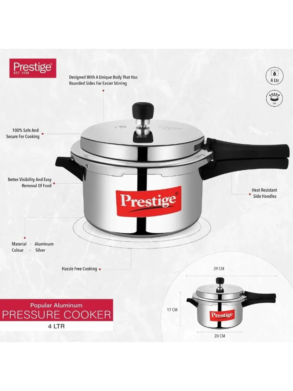 4L Aluminum Pressure Cooker - Durable, Fast Cooking, Easy Clean, Silver Finish